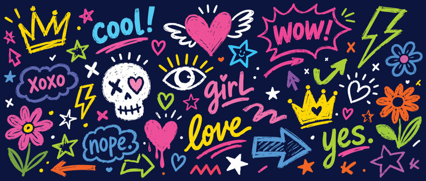 Set of colorful handdrawn doodle elements, cute stickers, graffiti style icons, crowns, hearts, flowers, stars, and text on dark blue background