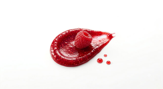 Distant shot of a raspberry on a thick textured red compote smear