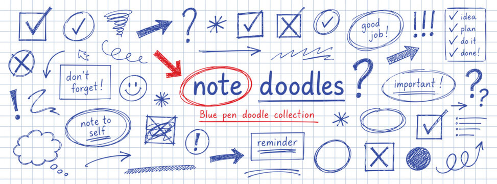 Hand drawn blue pen note doodles and sketch elements on graph paper background
