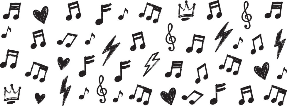 Hand drawn music notes, hearts, crowns and lightning bolts pattern isolated on white background