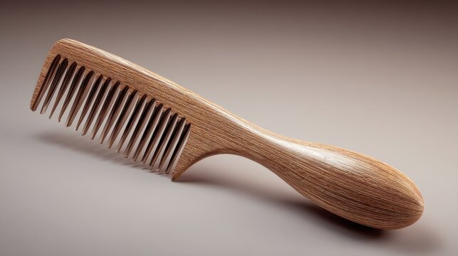 Studio-style 3D render of a hair pick accessory with textured wood and shiny teeth on a neutral background