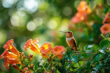 Obraz premium Sunlit trumpet vine nectar visit by a tiny rufous hummingbird