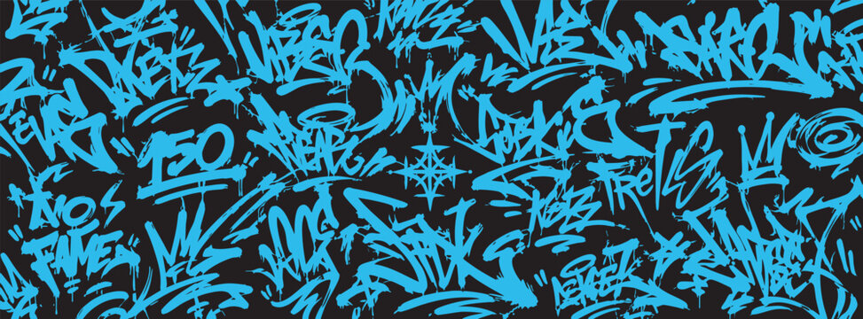 Graffiti street art seamless pattern with blue tags and signatures on a black background, urban hip hop style wallpaper design