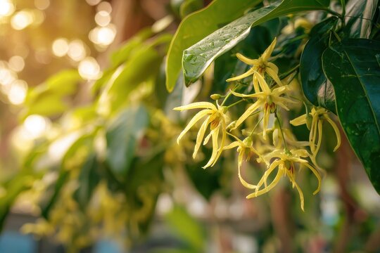 Tropical garden scene featuring ylang-ylang blossoms climbing a vine and glowing yellow-white petals