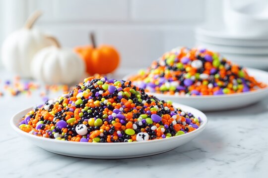 Two white plates with Halloween sprinkles on a bright kitchen counter