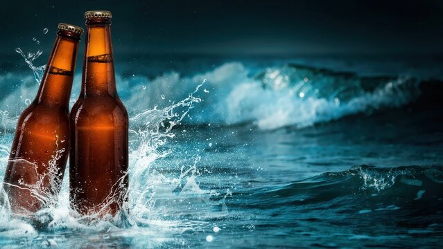 Two brown beer bottles splashing in ocean waves at night