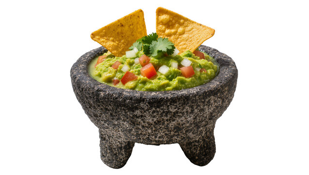 Fresh guacamole in stone molcajete with tortilla chips and cilantro