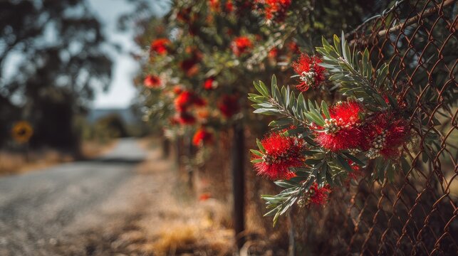 Vivid red bottlebrush flowers against a wire fence and country road