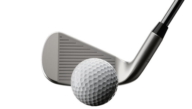 Golf club iron head striking white dimpled ball