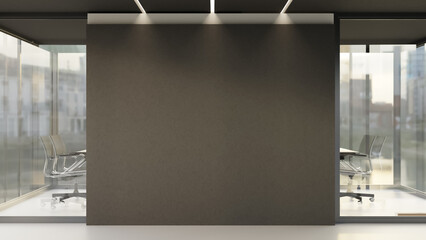Fototapeta na wymiar Black partition wall of a modern office meeting room with glass window wall and panoramic city view.