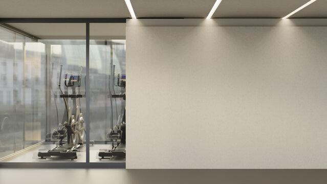 Modern fitness gym room with white wall and ceiling light and glass window with panoramic city view.