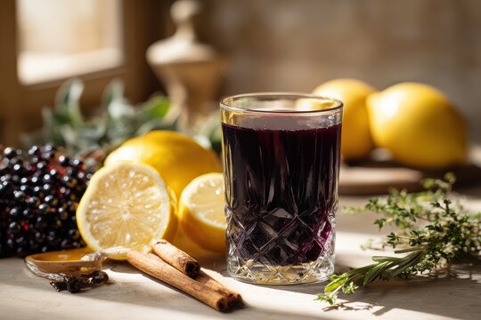 Warm kitchen scene: elderberry syrup in a glass with ingredients for a herbal remedy