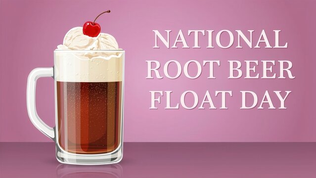 National Root Beer Float Day illustration of a mug with ice cream and a cherry on a pink background