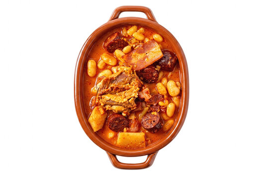 Traditional Spanish Fabada Asturiana Bean Stew with Chorizo and Morcilla in Clay Pot