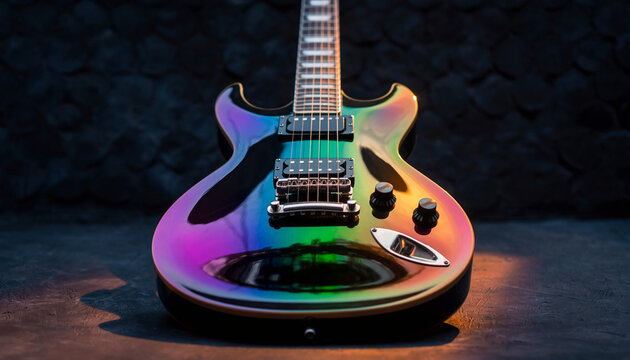 A close-up, low-angle shot of an electric guitar featuring a vibrant, iridescent, multi-colored finish against a dark background.
