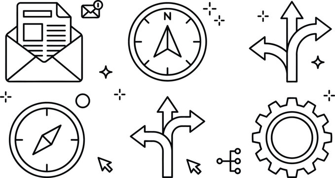 Business strategy guidance navigation decision compass email marketing newsletter direction and workflow optimization thin line vector icons set