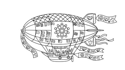 Global Unity Airship with Peace Flags and Diverse People © Zilong