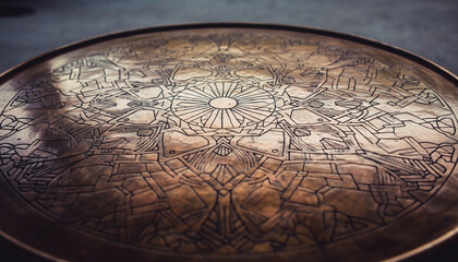 Fototapeta premium A close-up, shallow depth of field photograph captures an intricately engraved circular metal plate featuring abstract geometric and radial patterns.