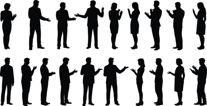 Collection of black silhouettes of men and women in business attire on white background Keywords: silhouette, people, men, women
