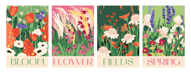 Fototapeta premium Floral posters, botanical wall art set. Field flower blooms, meadow blossoms, wildflowers, spring and summer nature prints, wax crayon drawings, hand-drawn paintings. Modern flat vector illustrations