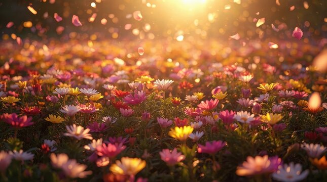 Flowers carpet a sunlit field with falling petals dancing in the warm glow of the setting sun.