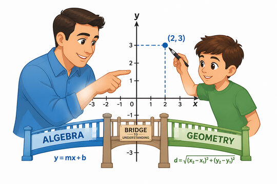 Two cartoon men, one representing Algebra and the other Geometry, are pointing at a coordinate plane with a point (2,3) marked.
