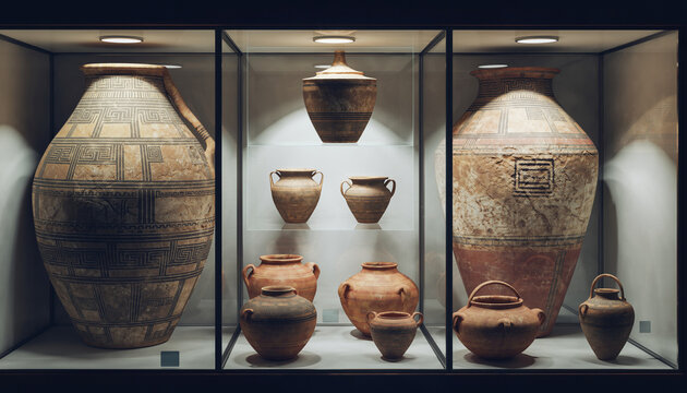 A collection of ancient, decorated earthenware vessels and large storage jars displayed inside a well-lit, glass museum exhibition case.