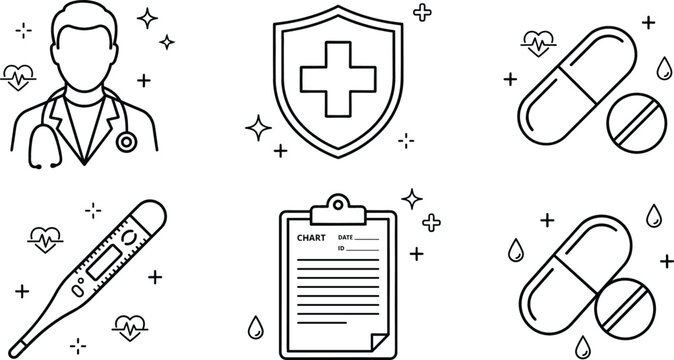Medical healthcare clinical insurance pharmacy prescription medicine pills thermometer patient chart and doctor treatment thin line icons set