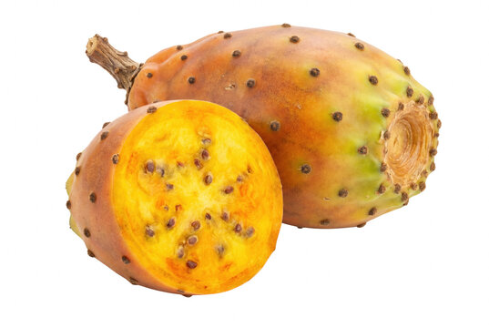 Ripe yellow prickly pear fruit whole and halved showing seeds