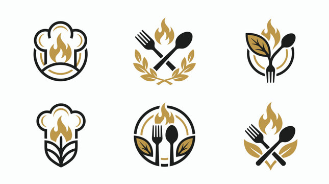 Set of Creative Restaurant Logo Templates Featuring Minimalist Chef Hats Cooking Utensils Flames and Organic Leaf Elements for Culinary Branding