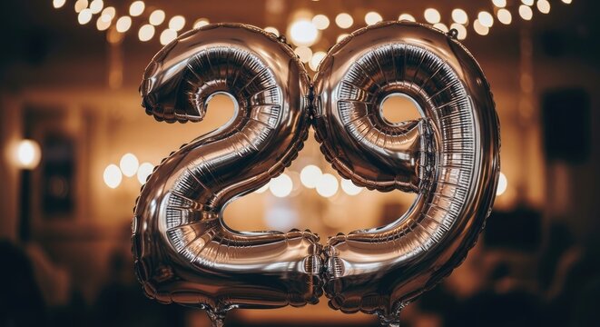 Shiny metallic number 29 balloon with warm glowing bokeh lights in a festive dark background.