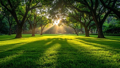 Fototapeta premium Road in a peaceful forest with trees and sunlight on a rural path in the morning