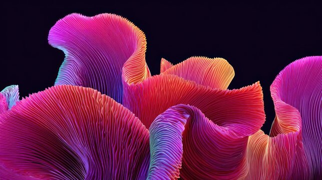 Vibrant, undulating forms display intricate parallel ridges against a deep dark background