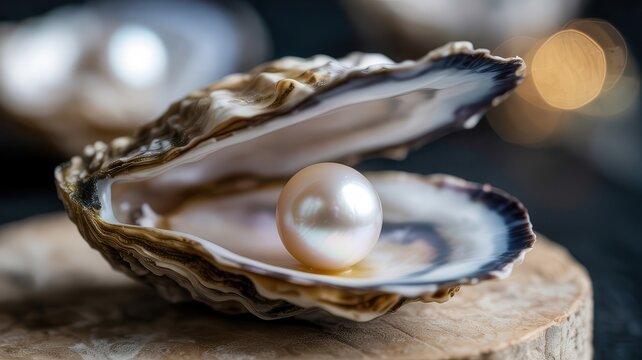 Beautiful iridescent pearl inside an open oyster shell resting on a wooden surface with a bokeh background