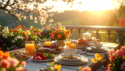 Fototapeta premium Elegant floral arch made of blooming roses, peonies and seasonal flowers adorns outdoor wedding brunch table on a sunny day