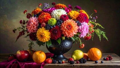 Autumn still life with apples and flowers in a vase on a table © EnelEva