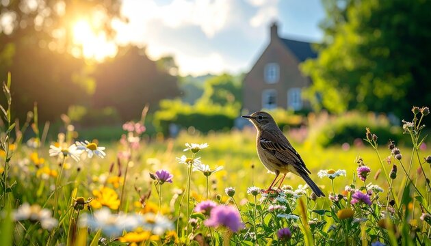 Small colorful sparrow bird standing on green grass meadow in nature garden in spring