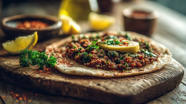Warm, vibrant lahmacun dish ready to share, captured in a home kitchen setting