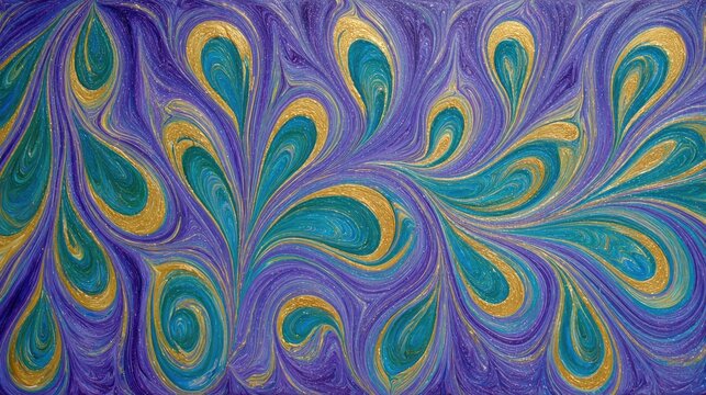 Swirling marbled pattern displays teardrop shapes in shades of purple, teal, and gold.