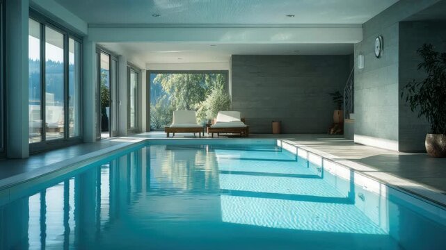 clear blue water in big indoor pool in luxury home animation