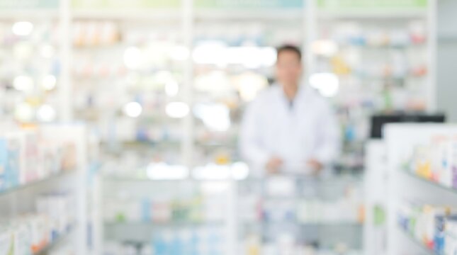 Out of focus view of pharmacy interior with shelves stocked with medical supplies and blurred staff member working behind the sales counter in a bright clean setting