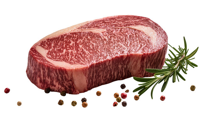 Raw marbled beef steak with peppercorns and rosemary sprig