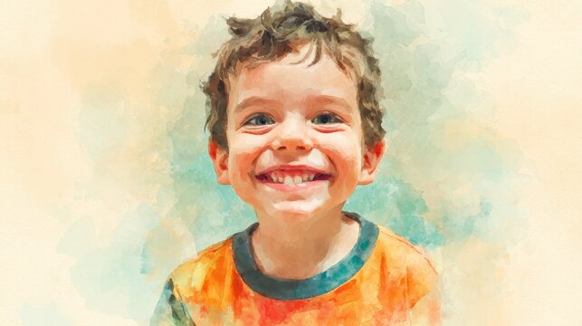 Young child with buck teeth in a friendly, sunlit illustration with pastel tones