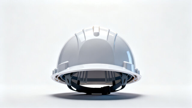 A white construction helmet with black adjustable straps suspended midair on a light background.