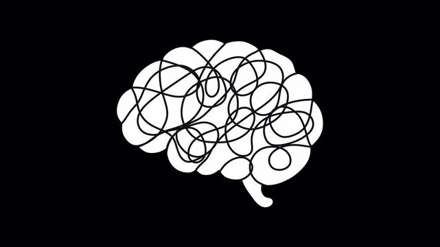 Looped brain animation with boiling line effect. Messy tangled mind and mental confusion icon isolated on transparent background. Anxiety, stress, overthinking, ADHD, or a messy mind.