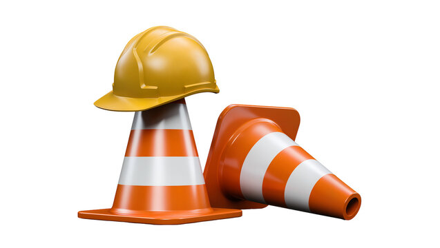Yellow hard hat on orange and white striped traffic cone