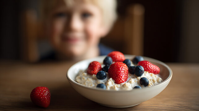 A young child eagerly looks at a healthy breakfast bowl of oatmeal with fresh strawberries and blueberries on a wooden table, focus on food