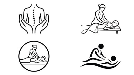 Obraz premium Minimalist black line art icons depicting professional massage therapy sessions for relaxation and spinal health care