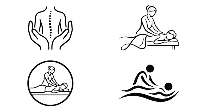 Minimalist black line art icons depicting professional massage therapy sessions for relaxation and spinal health care