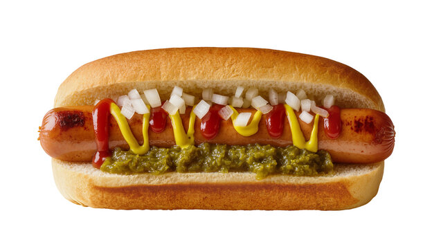 Hot dog with ketchup mustard relish, and diced onions in a bun